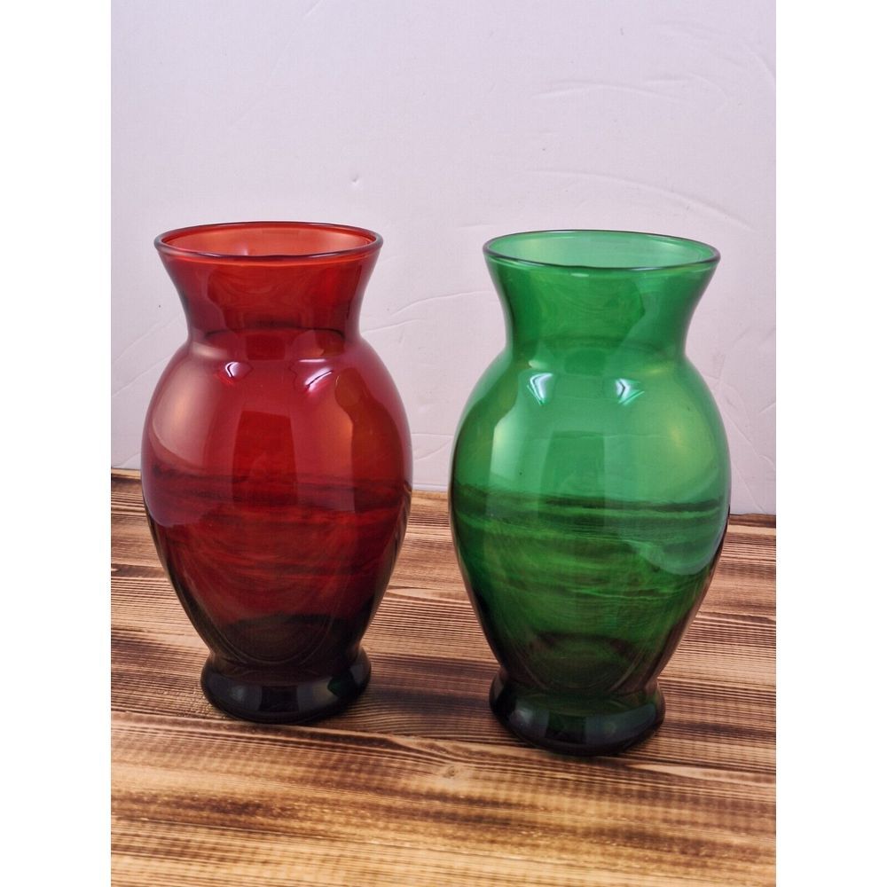 Midcentury Modern Ruby Red Emeraled Green Retro Small Glass Vintage Bud Vase X2